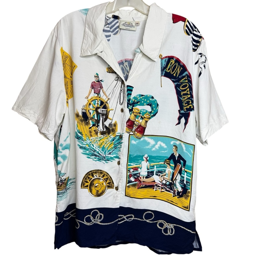 Vintage Susan Bristol USA Made Bon Voyage Nautical Yacht Print Sailing Blouse 14